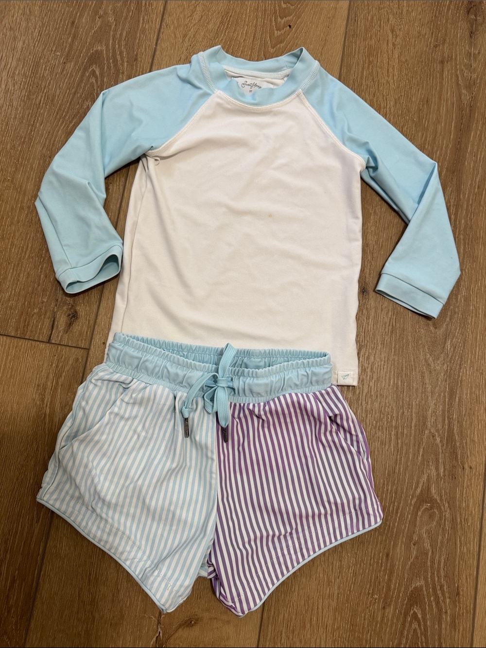 Kids Light Blue & White Raglan Rash Guard with Two-Tone Striped Shorts